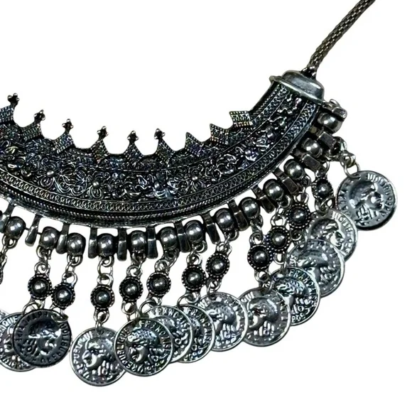 Boho Oxidized Silver Tone Tribal Coin Fringe Bib Necklace Statement Choker - Picture 4 of 14